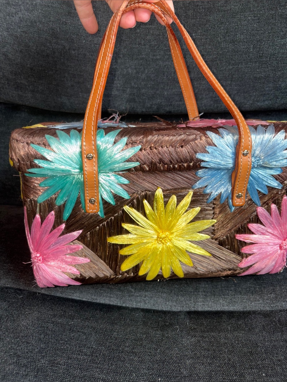 Kate Spade "Cabo" raffia basket bag ft colorful straw flowers  & leather straps